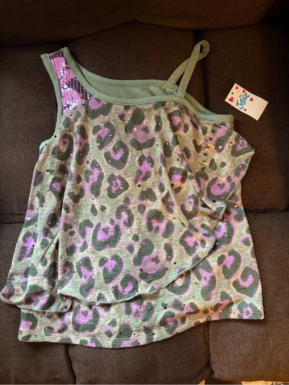 NWOT Justice Girls' Green & Purple Leopard Print Tank Top with Sequin Accent
